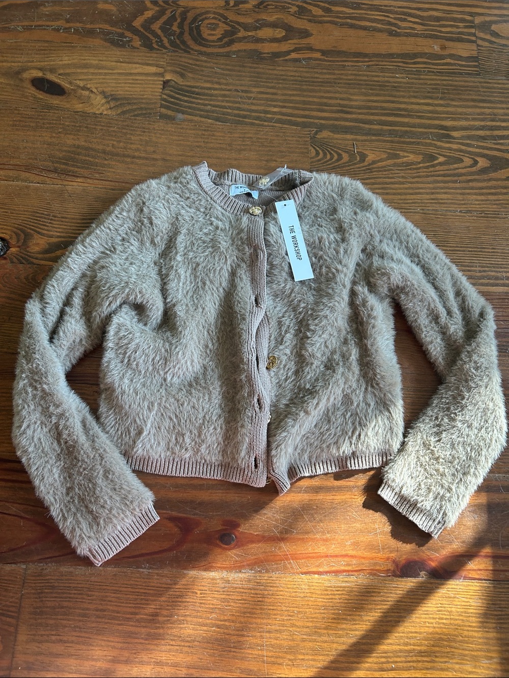 The Workshop Clothing Taupe Beige Fuzzy Crewneck Cardigan SMALL NWT!